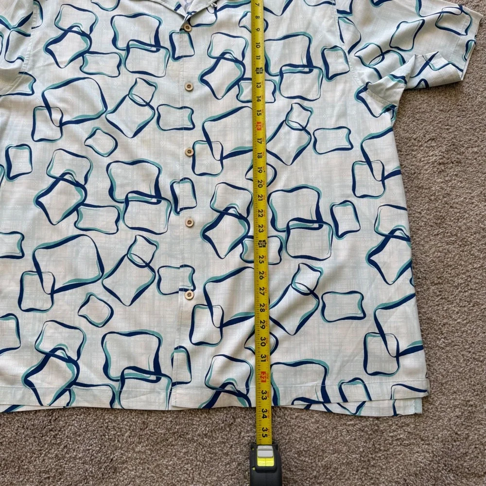 Tommy Bahama Button Down Men 3XL White Blue Silk Geometric Short Sleeve Shirt